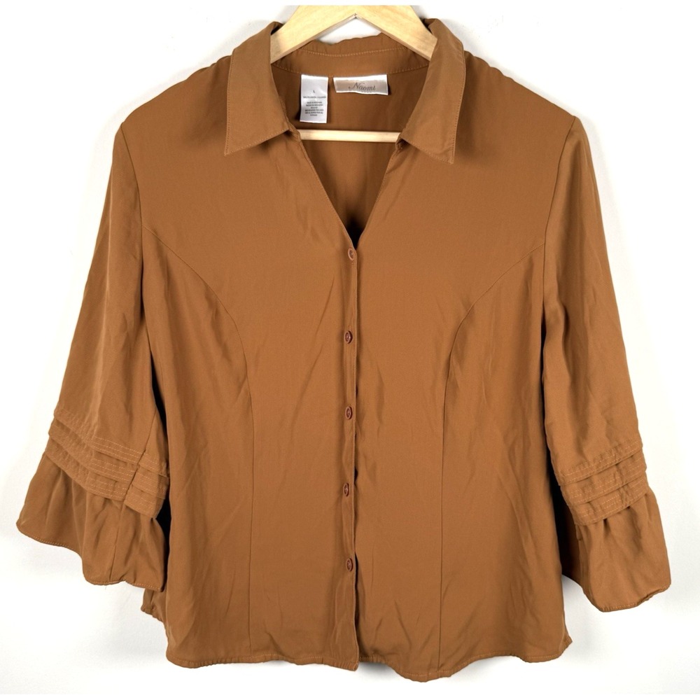 Naomi Semi-Fitted Bell 3/4 Sleeve Button Down Collar Blouse Tan Size L Lagenlook